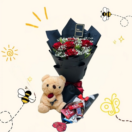 red roses bouquet with baby’s breath in black and white butterfly wrapping