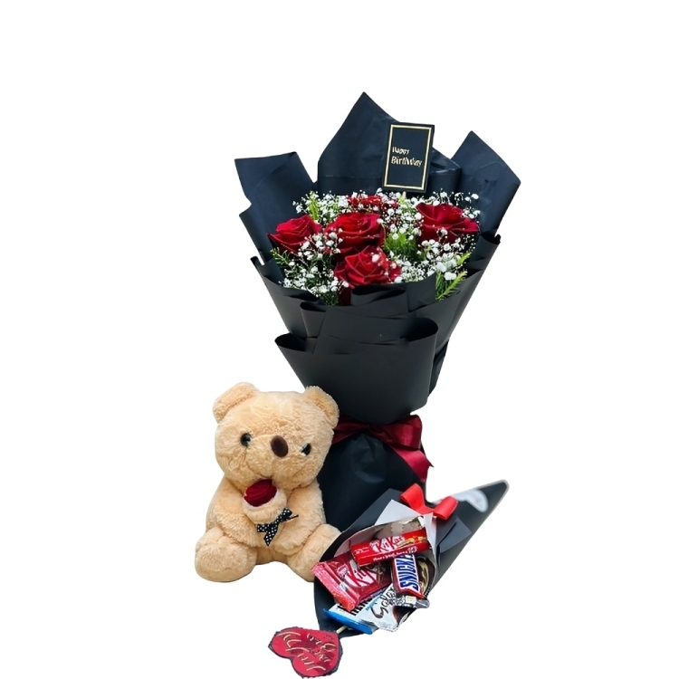 red roses bouquet with baby’s breath in black and white butterfly wrapping