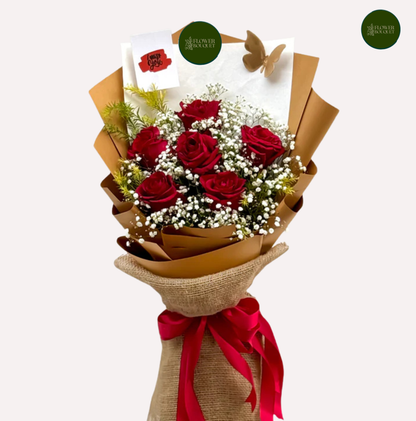 romantic red rose bouquet with baby breath card and decorative butterfly