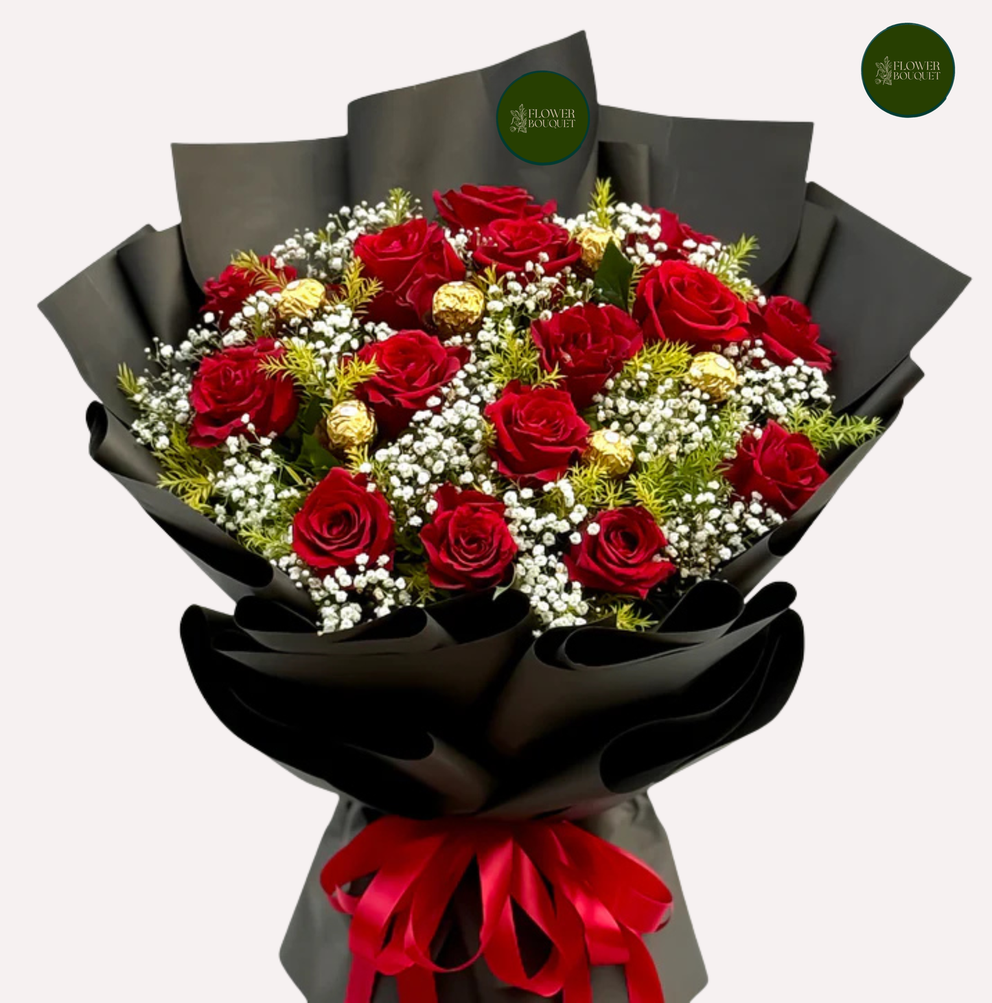 romantic red rose bouquet with baby breath and ferrero chocolates gift arrangement