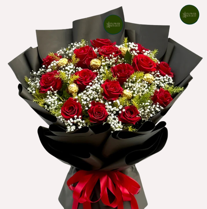 romantic red rose bouquet with baby breath and ferrero chocolates gift arrangement