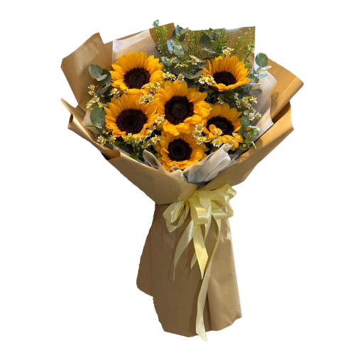 Rustic sunflower bouquet with yellow ribbon and green fillers