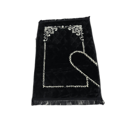 Elegant black velvet couple prayer mats with heart-shaped embroidery, perfect Islamic gift set for weddings and Eid.